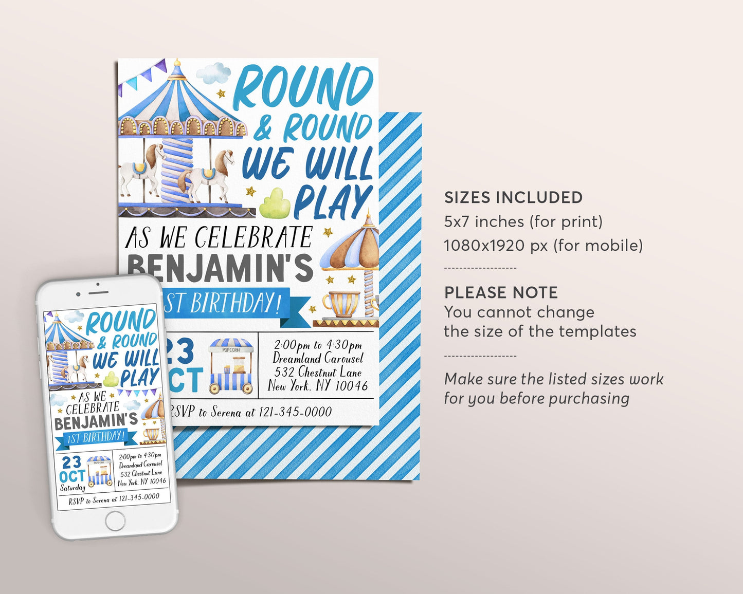 Carousel Birthday Invitation Editable Template, Boy Magical Carousel First Birthday Invite, Merry Go Round Horse Party Carnival Evite