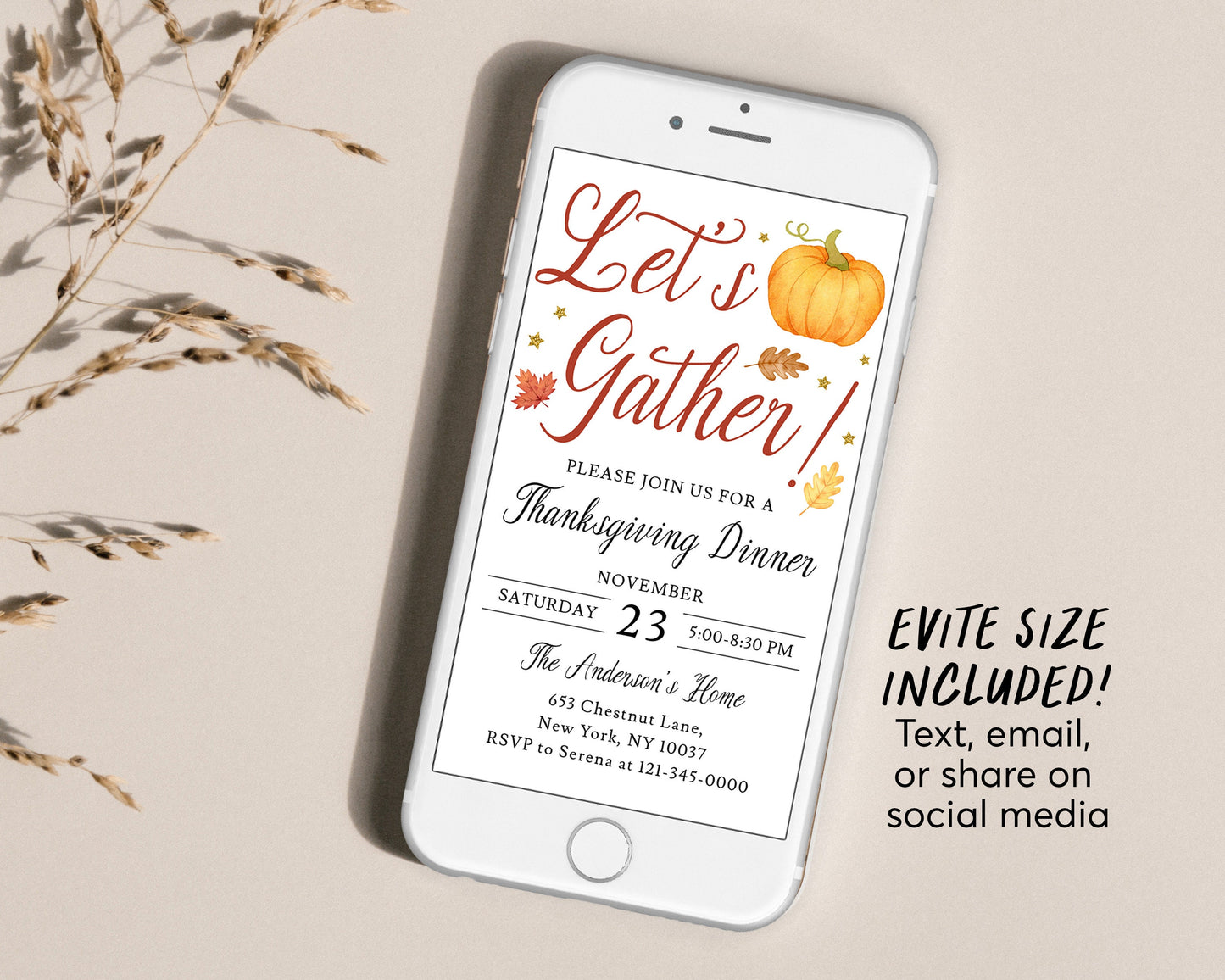 Thanksgiving Invitation Editable Template, Let's Gather Friendsgiving Fall Dinner Party Invite, Potluck Holiday Feast Invite Evite Casual