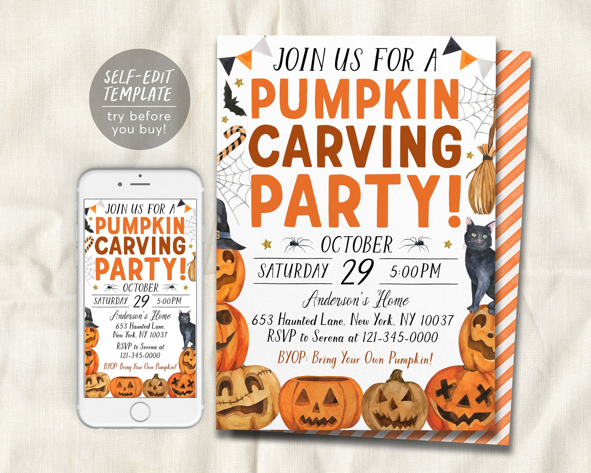 Halloween Pumpkin Carving Party Invitation Editable Template