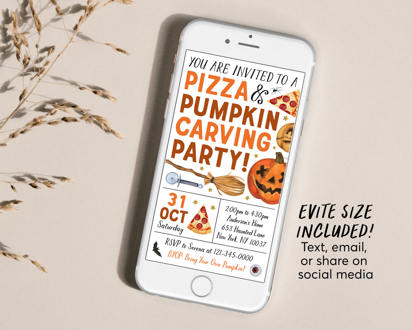 Pizza And Pumpkin Carving Party Invitation Editable Template, Kids Halloween Art Party Night Invite, Family Halloween Celebration Printable