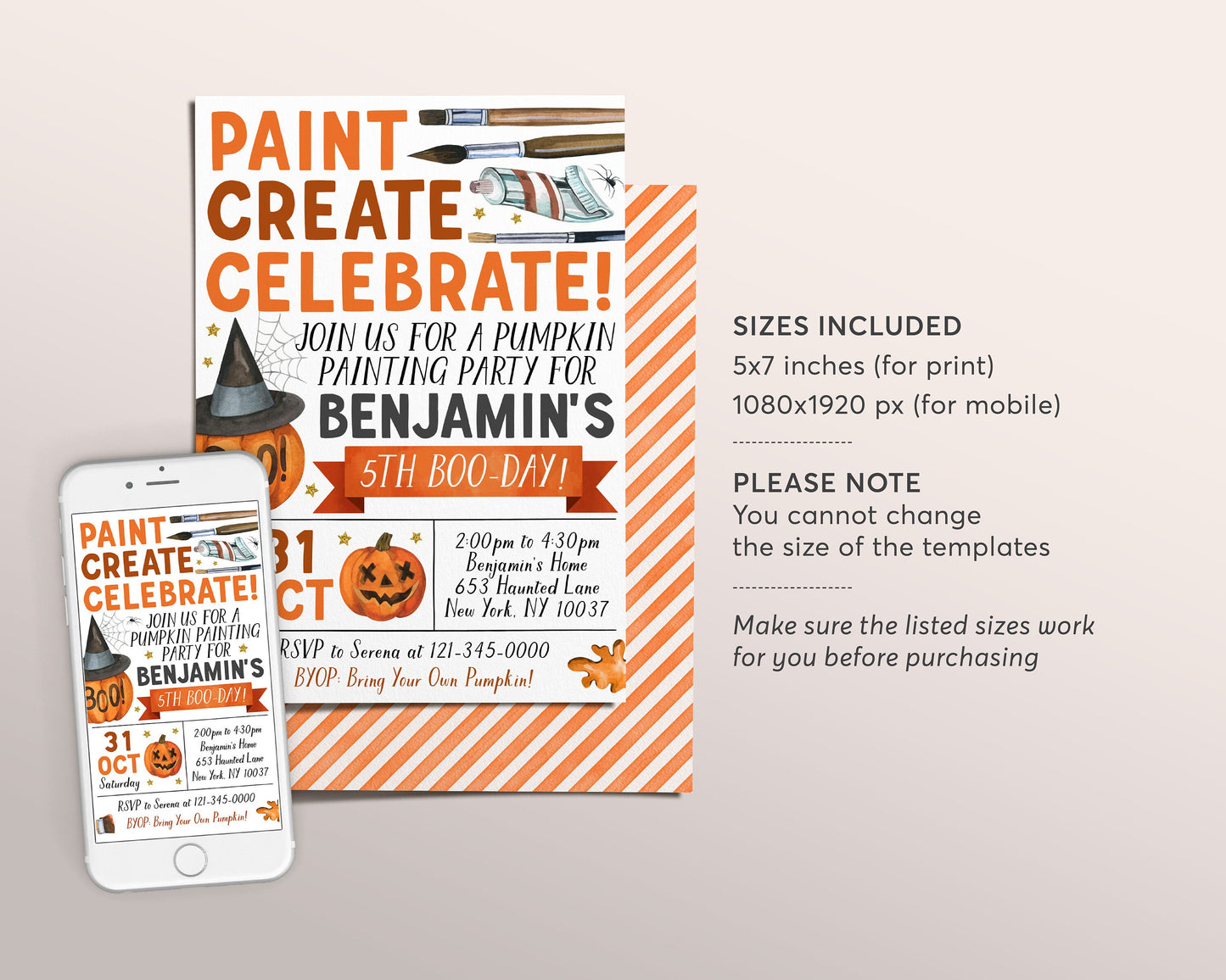 Pumpkin Painting Party Birthday Invitation Editable Template, Kids Halloween Pumpkin Art Party Night Invite, Fall Halloween Celebration