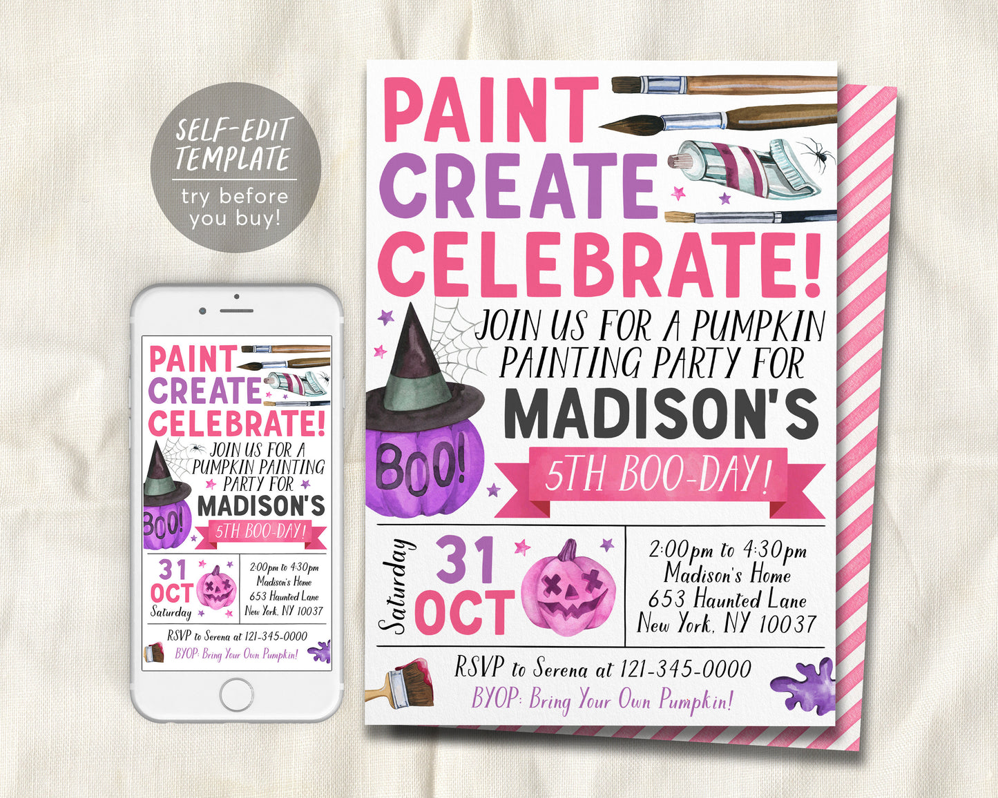 Pumpkin Painting Party Birthday Invitation Editable Template, Kids Girl Halloween Pumpkin Art Party Night Invite, Fall Halloween Celebration