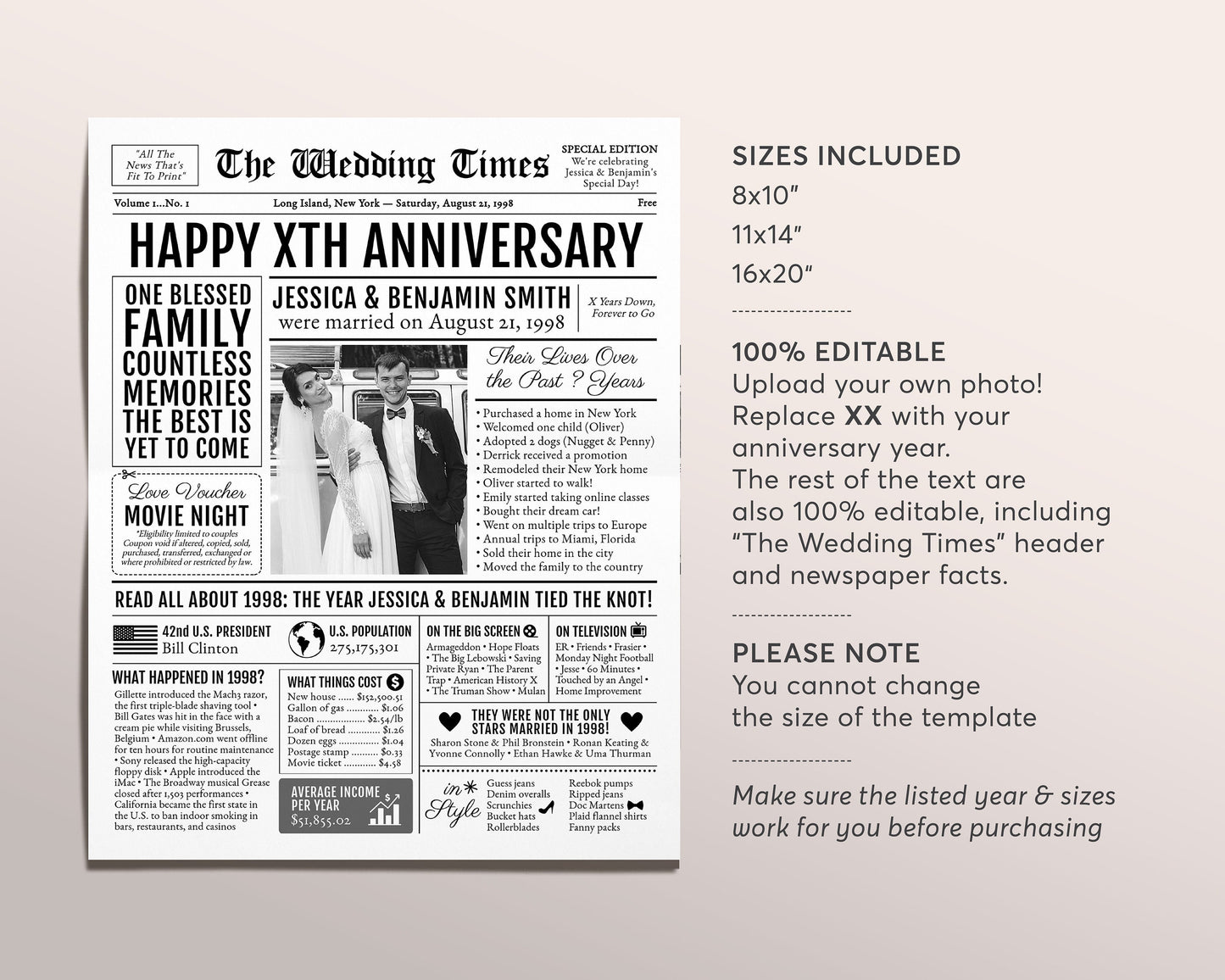 Back in 1998 26th 27th 28th Anniversary Gift Newspaper Editable Template, Personalized 26 27 28 Year Wedding For Parents Husband Or Wife