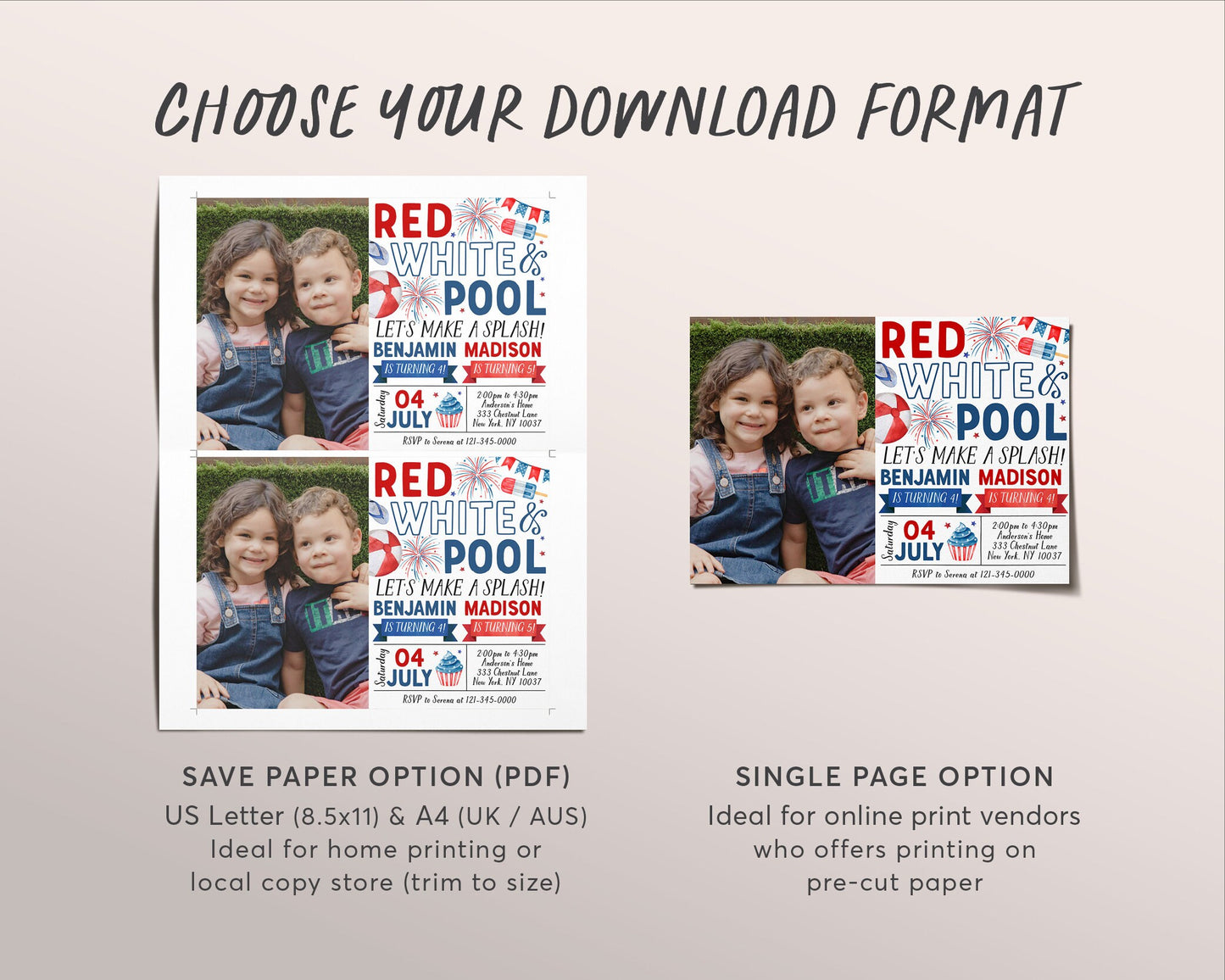 4th of July Joint Siblings Birthday Invitation With Photo Editable Template, Twins Red White Pool Party Invite, Patriotic Kids Summer Evite