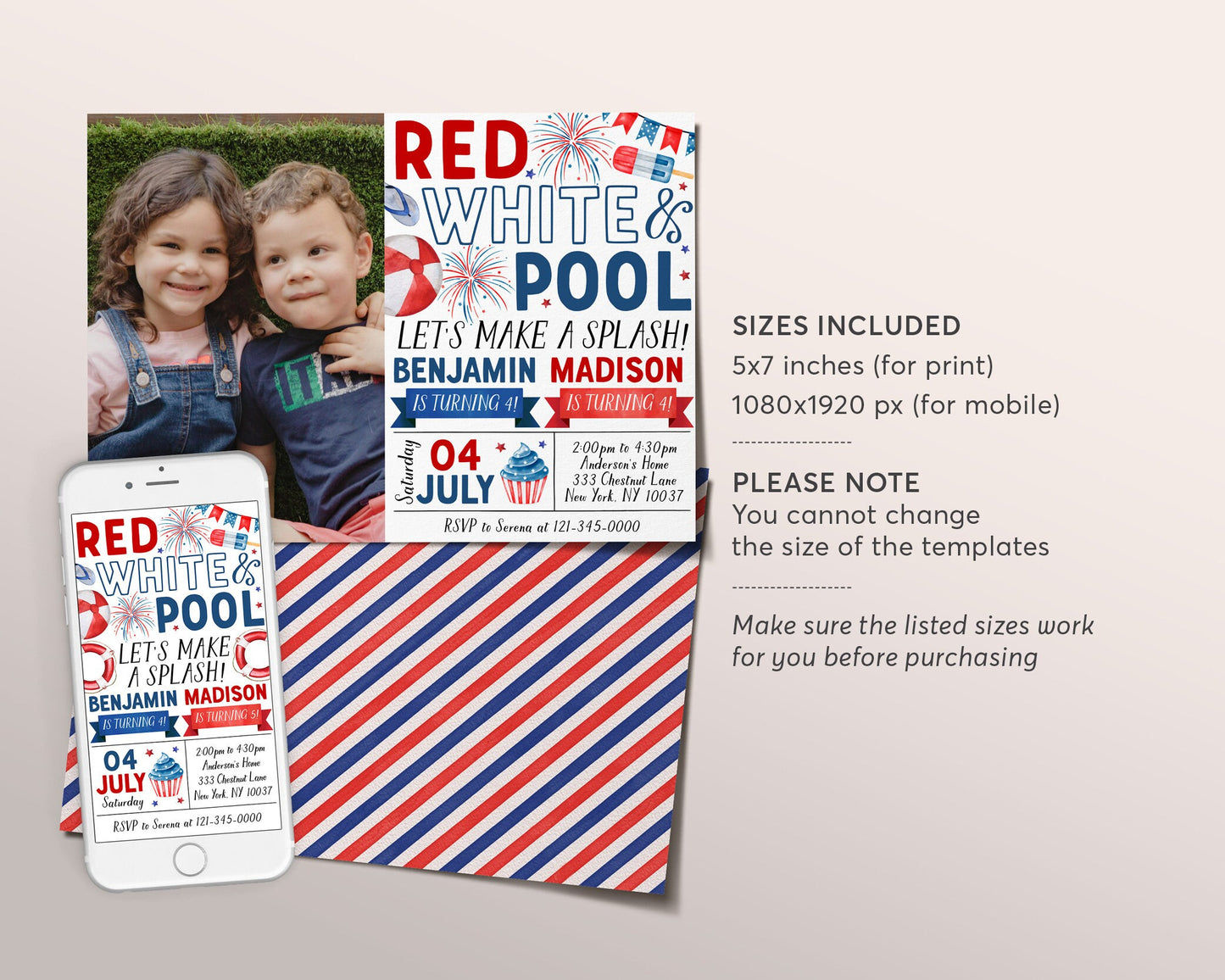 4th of July Joint Siblings Birthday Invitation With Photo Editable Template, Twins Red White Pool Party Invite, Patriotic Kids Summer Evite