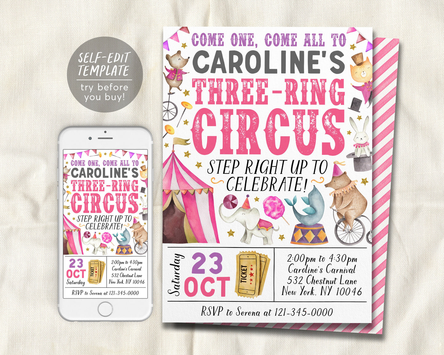 Carnival 3rd Birthday Invitation Editable Template