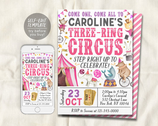 Carnival 3rd Birthday Invitation Editable Template