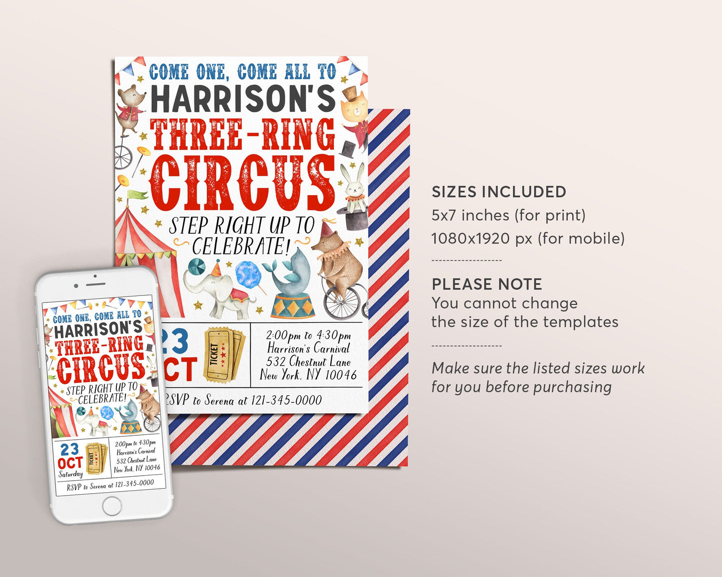 Carnival 3rd Birthday Invitation Editable Template, Three Ring Circus Circus Theme Third Birthday Party Invite, Circus Tent Popcorn Evite