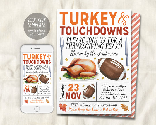 Turkey And Touchdowns Invitation Editable Template