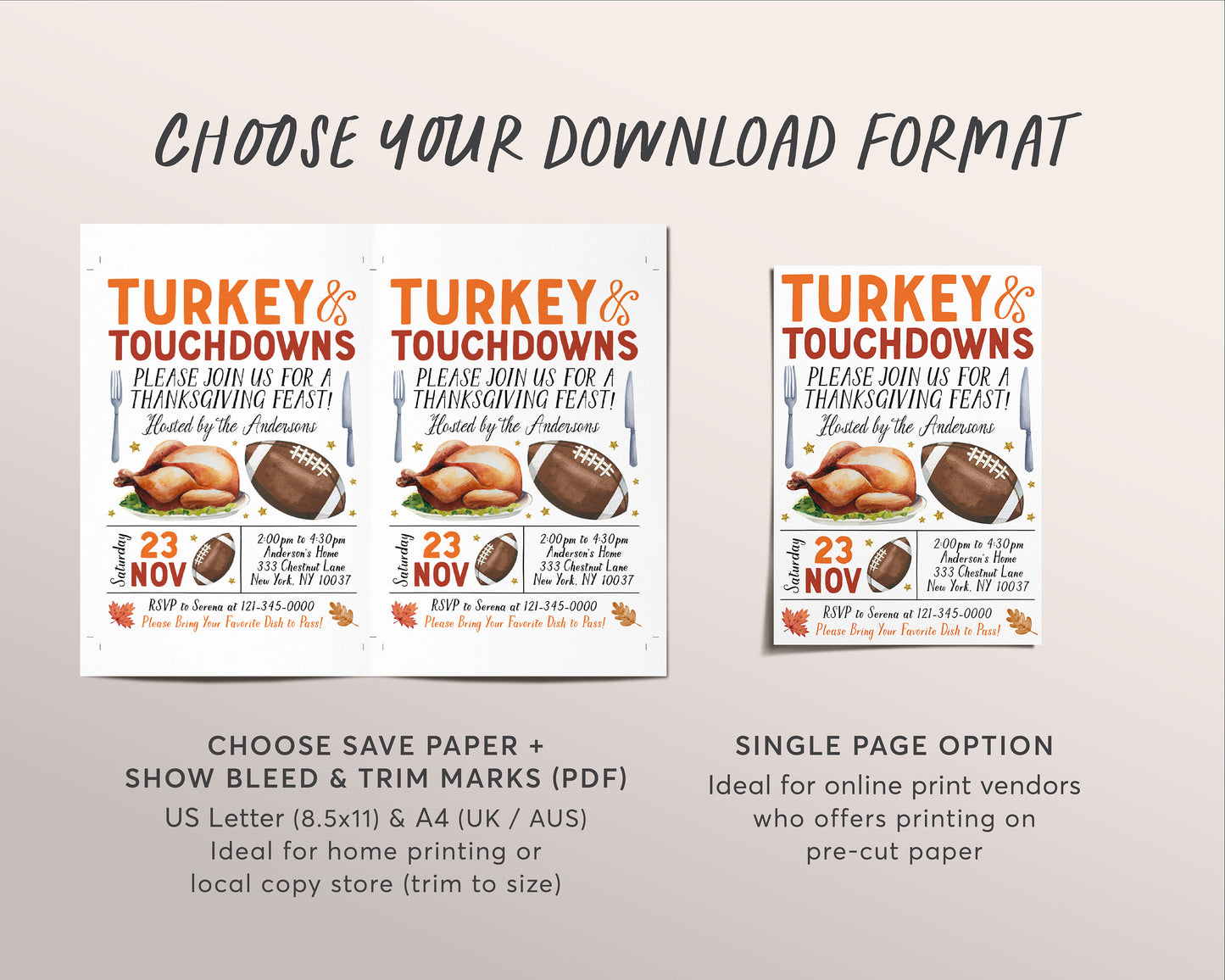 Turkey And Touchdowns Invitation Editable Template, Friendsgiving Dinner Invite, Thanksgiving Football Feast Evite Printable, Fall Potluck