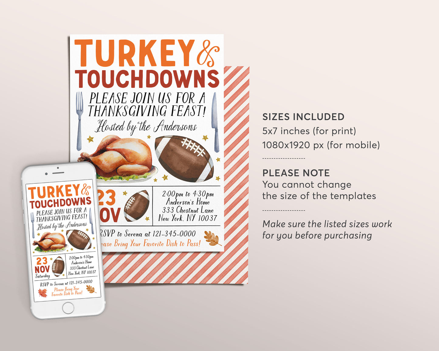 Turkey And Touchdowns Invitation Editable Template, Friendsgiving Dinner Invite, Thanksgiving Football Feast Evite Printable, Fall Potluck