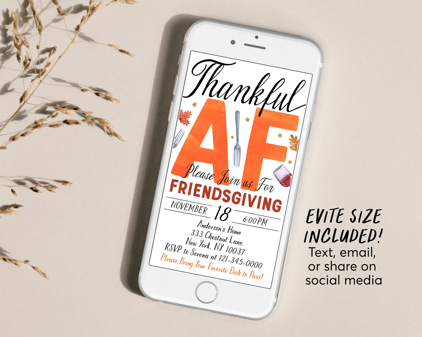 Funny Friendsgiving Dinner Party Invitation Editable Template, Thankful AF Friendsgiving Dinner Invite, Funny Thanksgiving Feast Evite