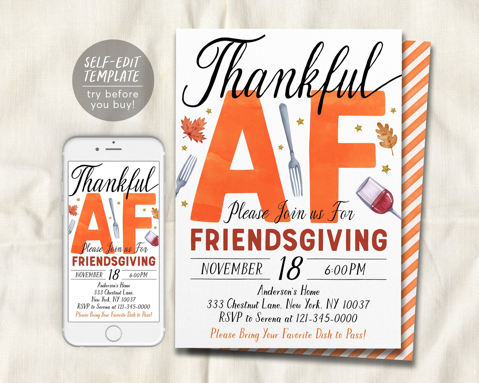 Funny Friendsgiving Dinner Party Invitation Editable Template