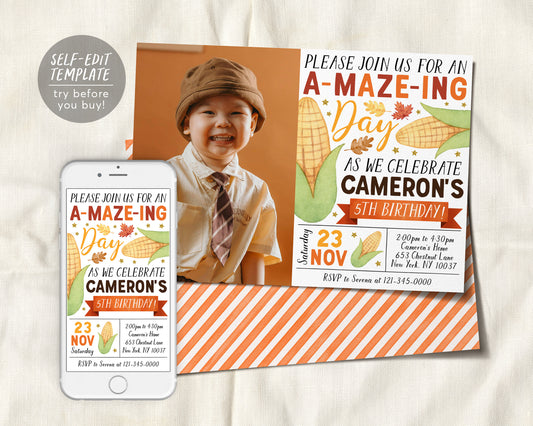 Corn Maze Birthday Invitation With Photo Editable Template