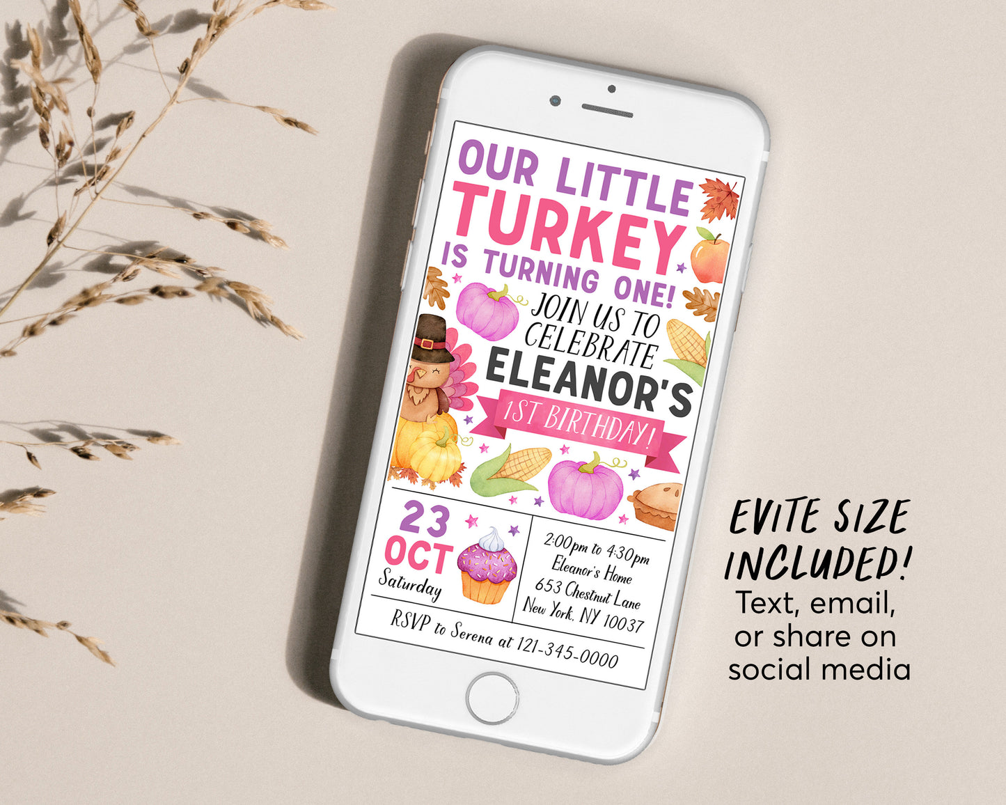 Little Turkey First Birthday Invitation With Photo Editable Template, Kids Girl Thanksgiving Theme 1st Birthday Party Invite, Autumn Fall