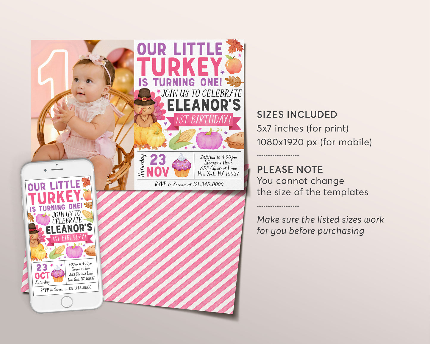 Little Turkey First Birthday Invitation With Photo Editable Template, Kids Girl Thanksgiving Theme 1st Birthday Party Invite, Autumn Fall