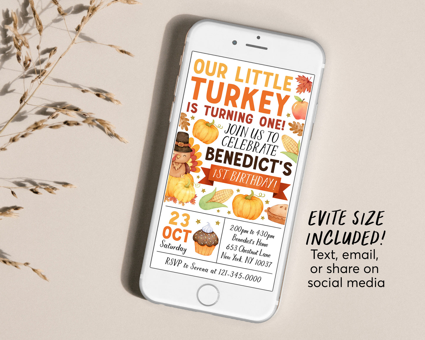 Little Turkey First Birthday Invitation With Photo Editable Template, Kids Thanksgiving Theme 1st Birthday Party Invite, Autumn Fall Evite