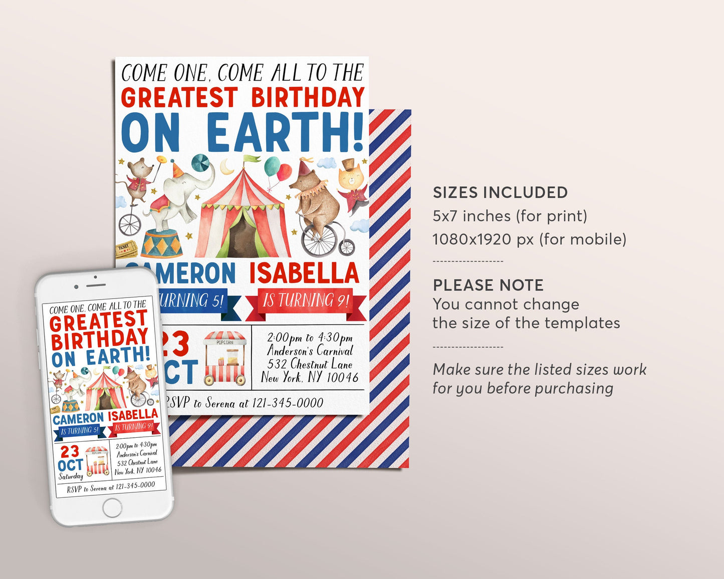 Carnival Joint Siblings Birthday Invitation Editable Template, Twins Circus Theme Party Invite, Kids Come One Come All Evite Printable