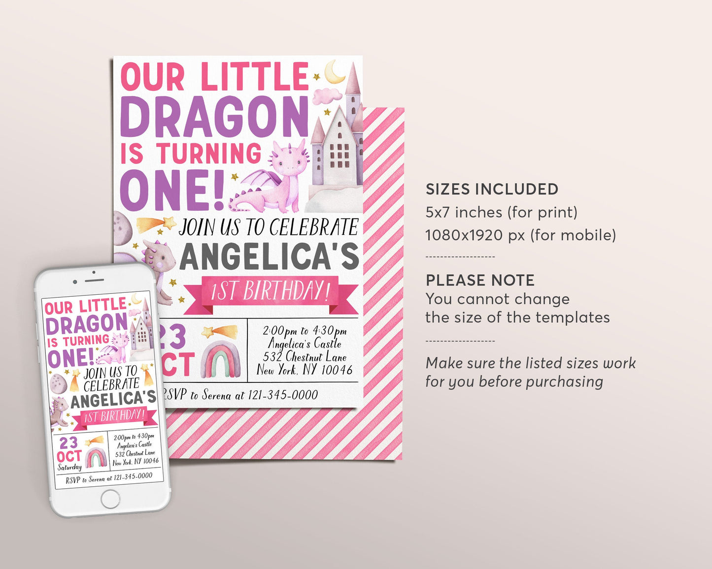 Dragon First Birthday Invitation Editable Template, Girl Magical Adventure Little Dragon Theme Party Invite , Dragons Castle Rainbow Evite