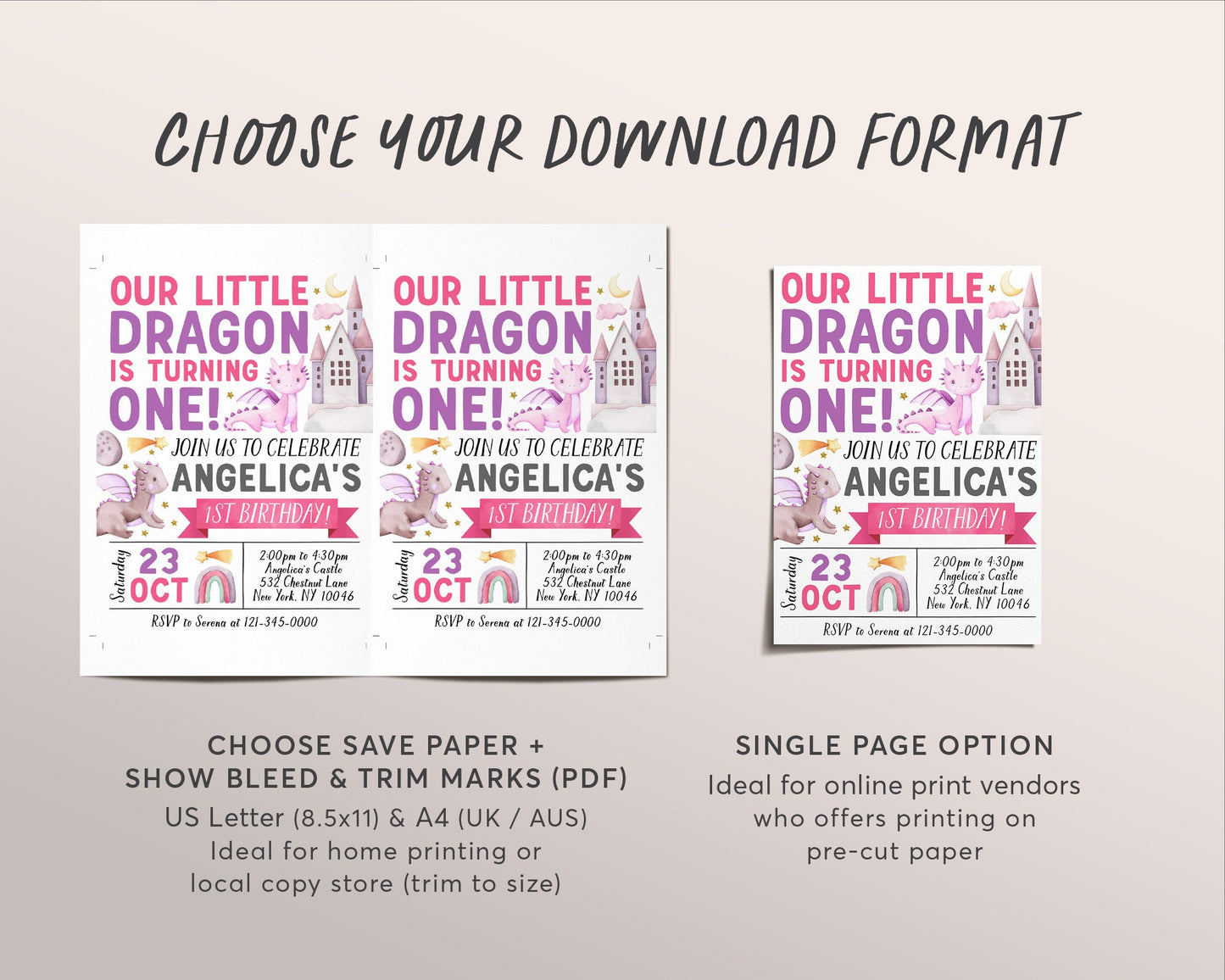 Dragon First Birthday Invitation Editable Template, Girl Magical Adventure Little Dragon Theme Party Invite , Dragons Castle Rainbow Evite