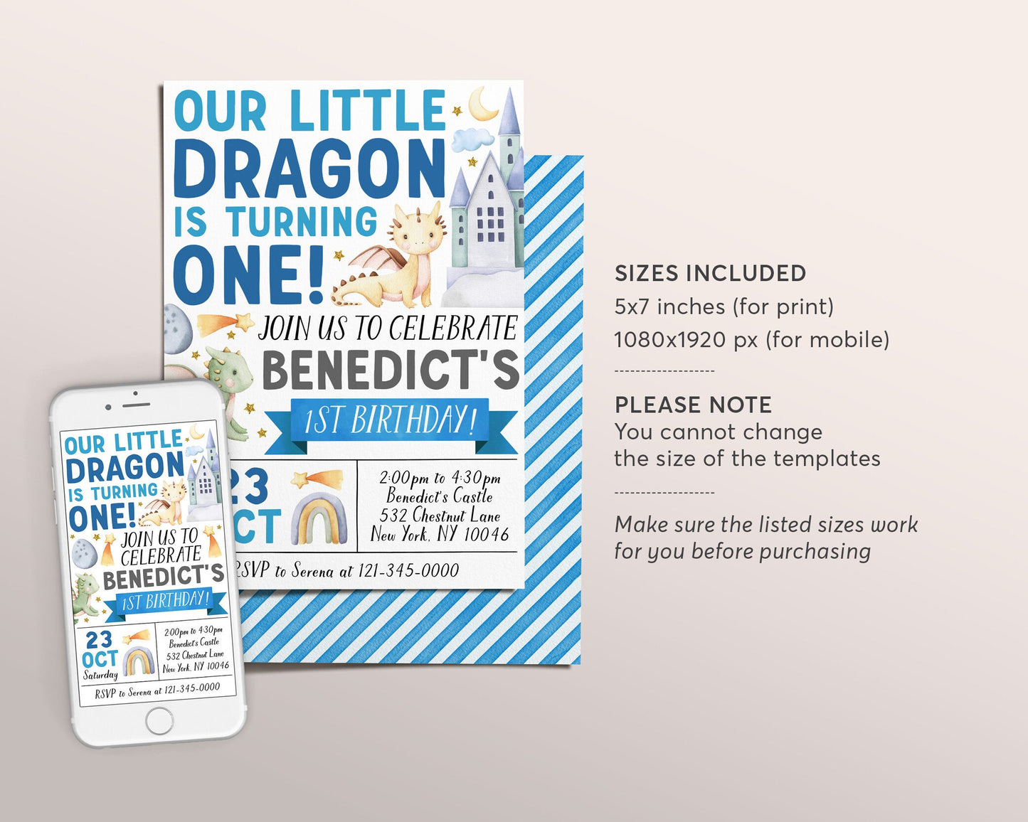 Dragon First Birthday Invitation Editable Template, Boy Magical Adventure Little Dragon Theme Party Invite , Dragons Castle Rainbow Evite