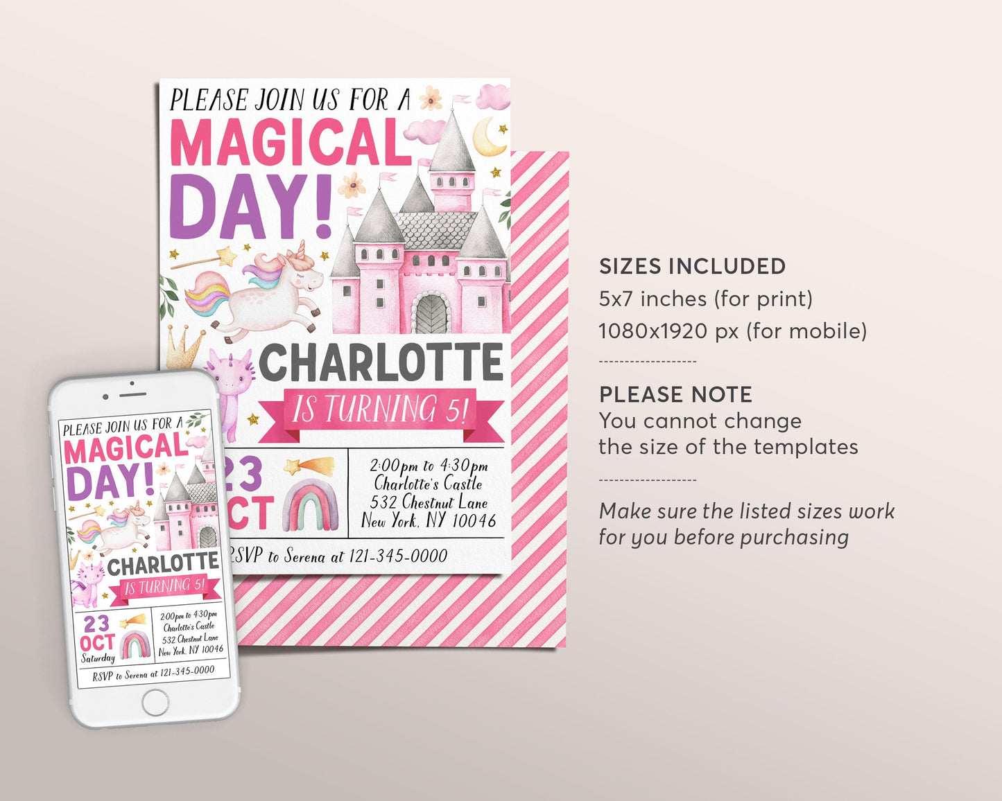 Unicorn Dragon Birthday Invitation Editable Template, Girl Magical Day Adventure Party Invite, Castle Unicorns and Dragons Princess Evite