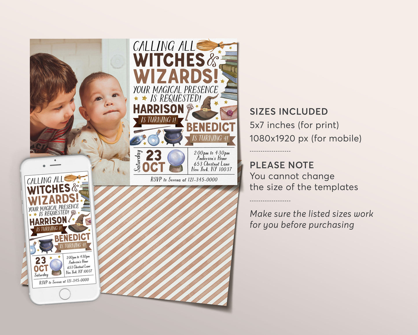 Wizard Joint Siblings Birthday Invitation With Photo Editable Template, Twins Witches and Wizards Magic Theme Magical Birthday Party Invite