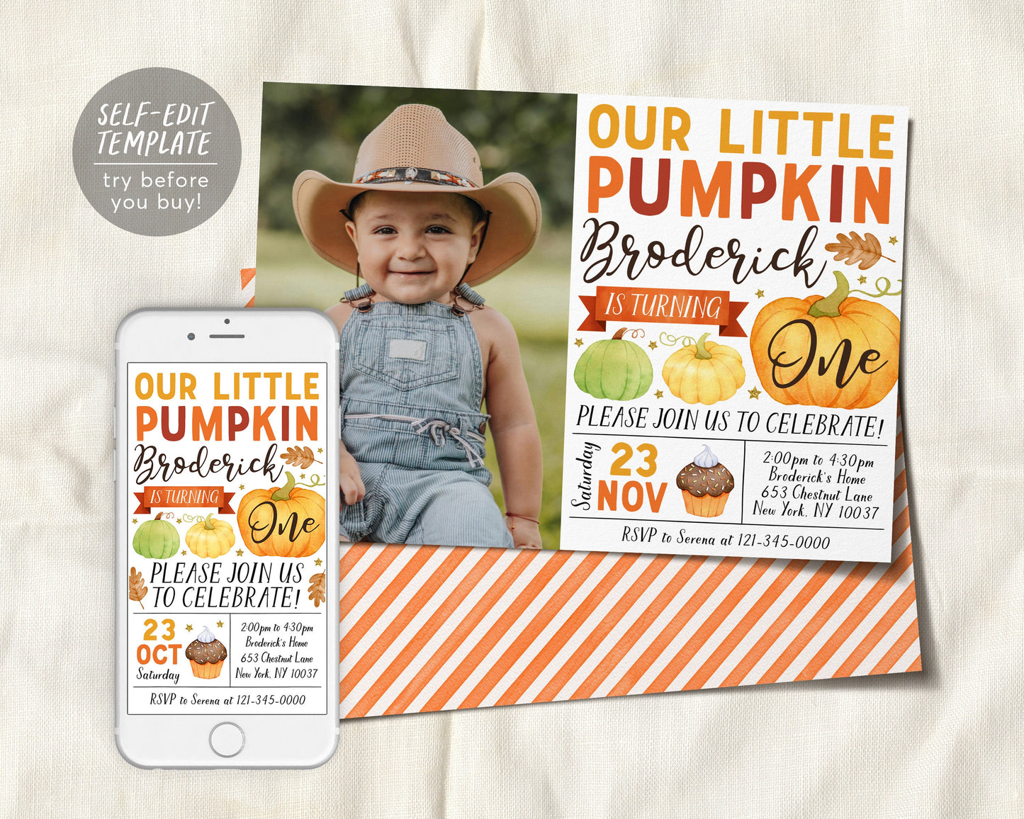 Our Little Pumpkin First Birthday Invitation With Photo Editable Template