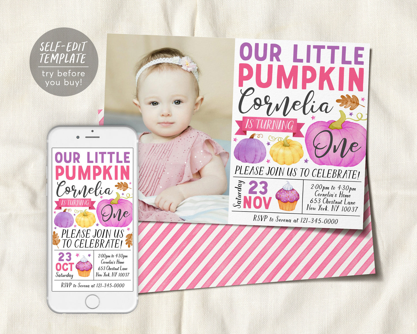 Our Little Pumpkin First Birthday Invitation With Photo Editable Template