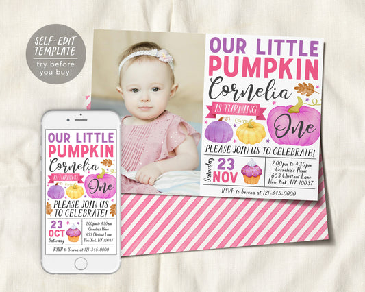 Our Little Pumpkin First Birthday Invitation With Photo Editable Template