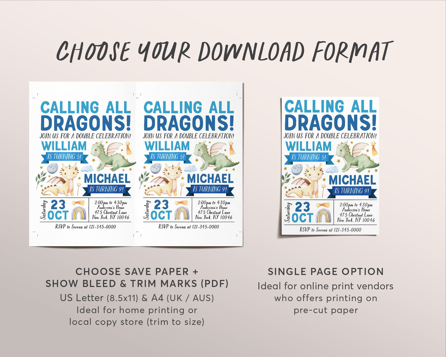 Dragon Joint Siblings Birthday Invitation Editable Template, Boy Twins Brothers Magical Dragon Theme Party Invite, Calling All Dragons Evite