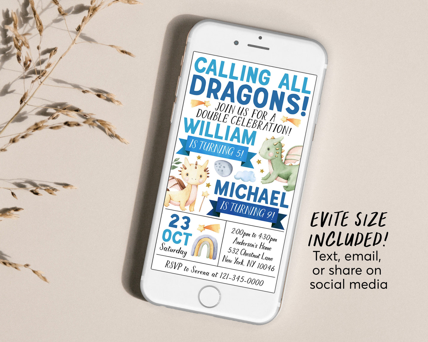 Dragon Joint Siblings Birthday Invitation Editable Template, Boy Twins Brothers Magical Dragon Theme Party Invite, Calling All Dragons Evite