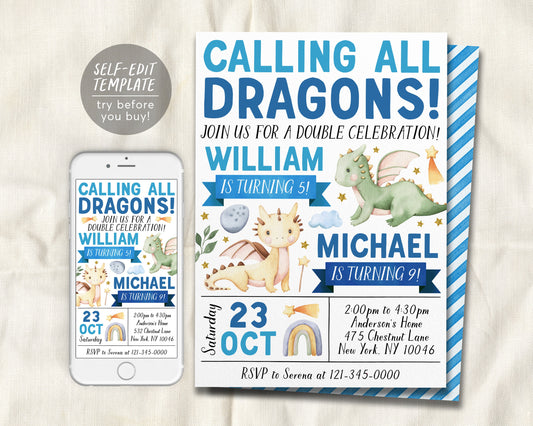 Dragon Joint Siblings Birthday Invitation Editable Template