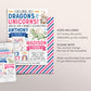 Dragons and Unicorns Joint Siblings Birthday Invitation Editable Template, Boy Girl Twins Magical Dragon Unicorn Theme Party Invite Evite