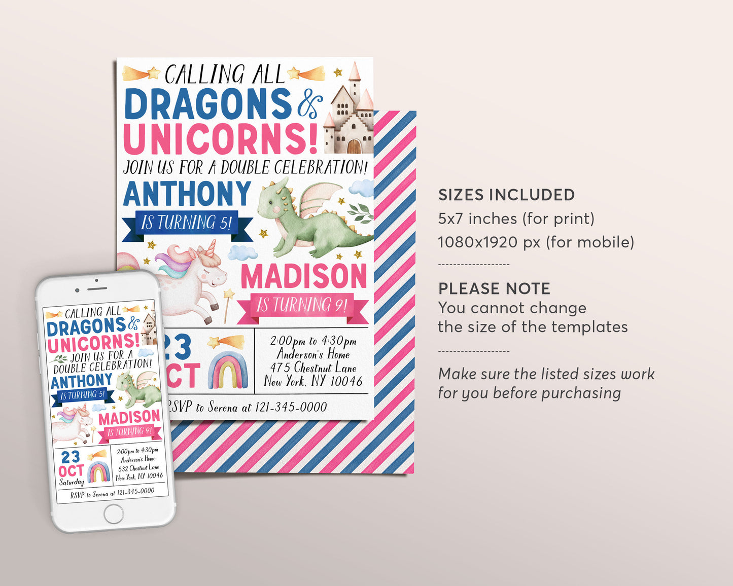 Dragons and Unicorns Joint Siblings Birthday Invitation Editable Template, Boy Girl Twins Magical Dragon Unicorn Theme Party Invite Evite