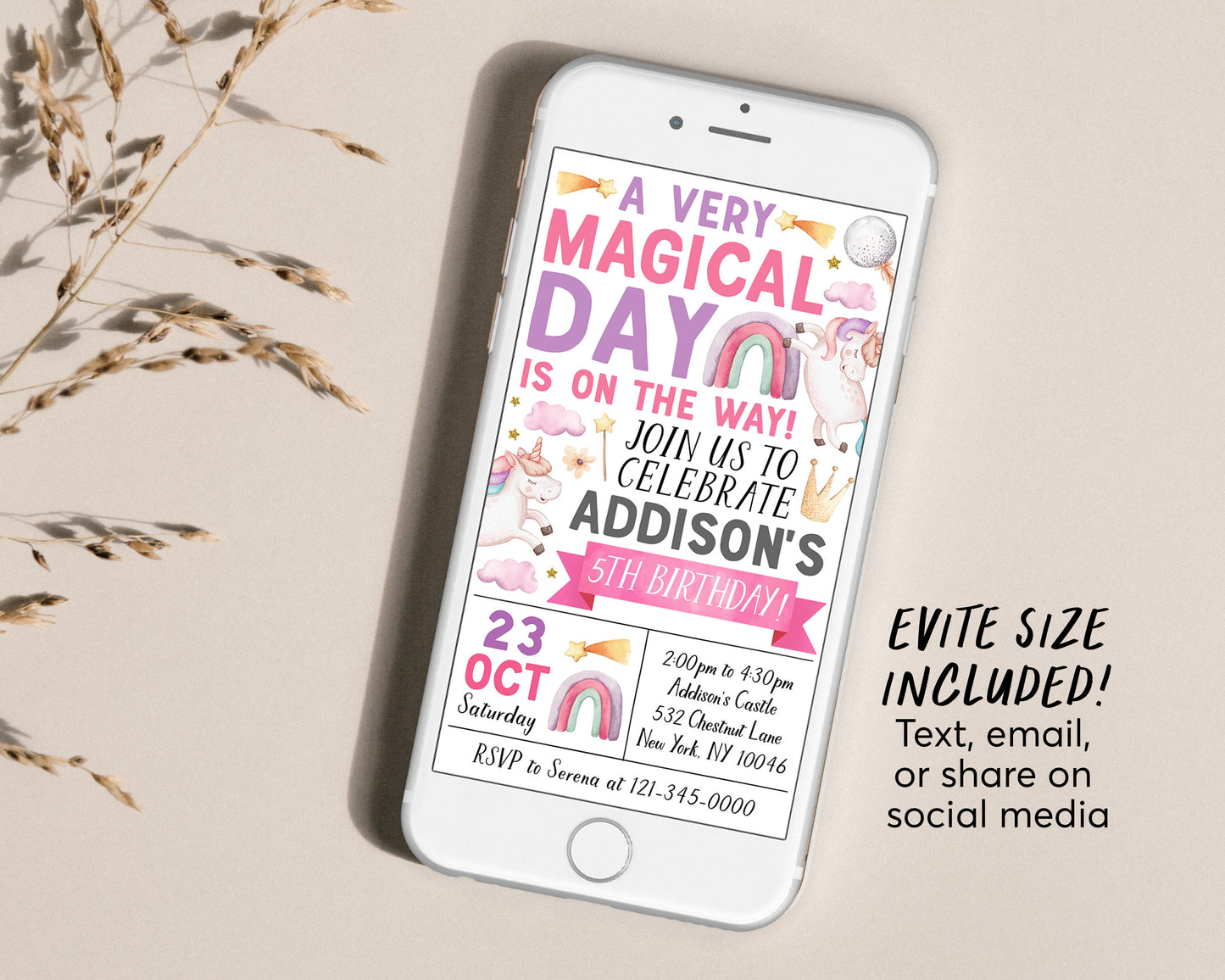 Unicorn Birthday Invitation Editable Template, Girl A Very Magical Day Party Invite, Pastel Unicorns Rainbow Shooting Star Evite Printable