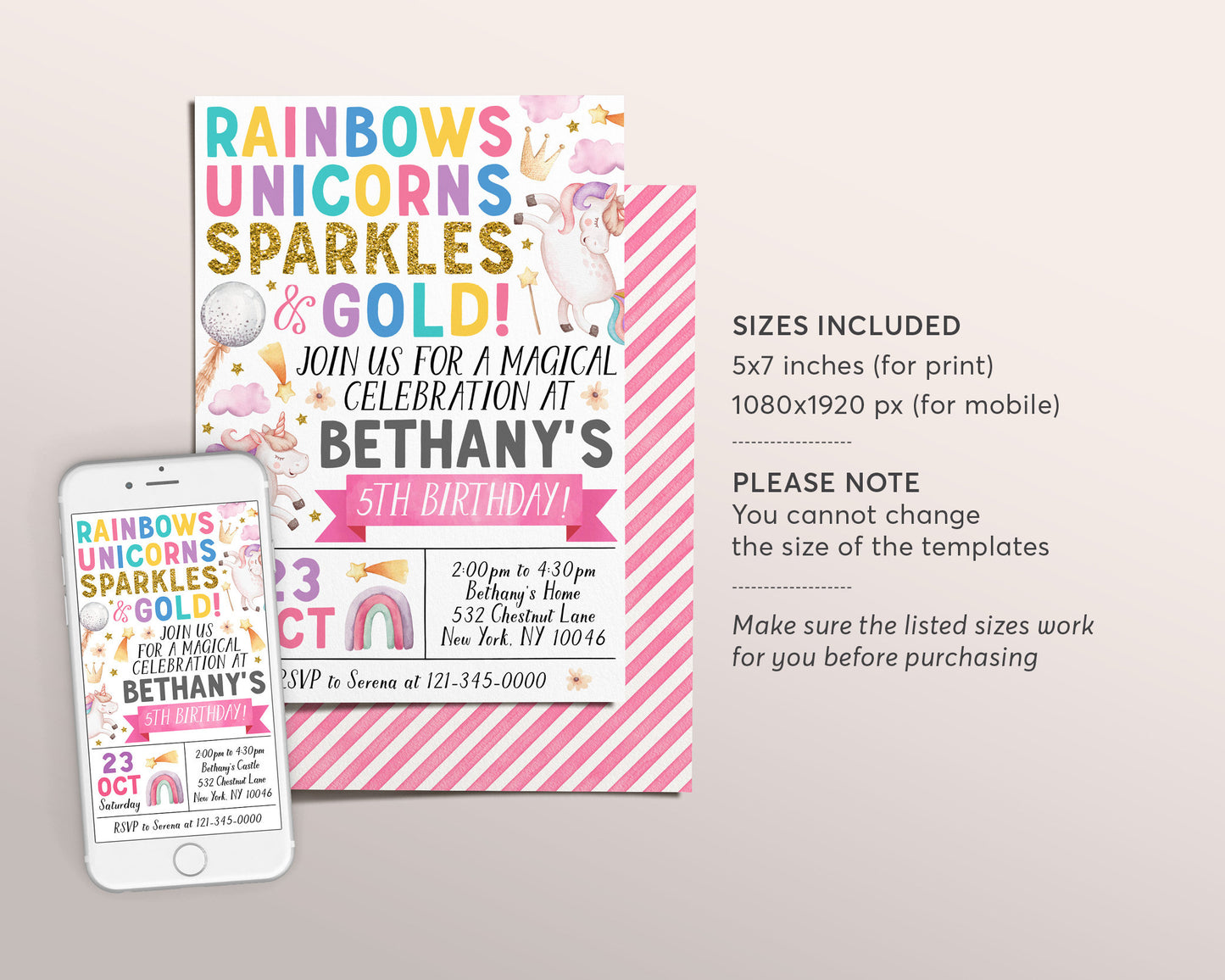 Unicorn Rainbow Birthday Invitation Editable Template, Girl Magical Celebration Party Invite, Pastel Unicorns Shooting Star Evite Printable