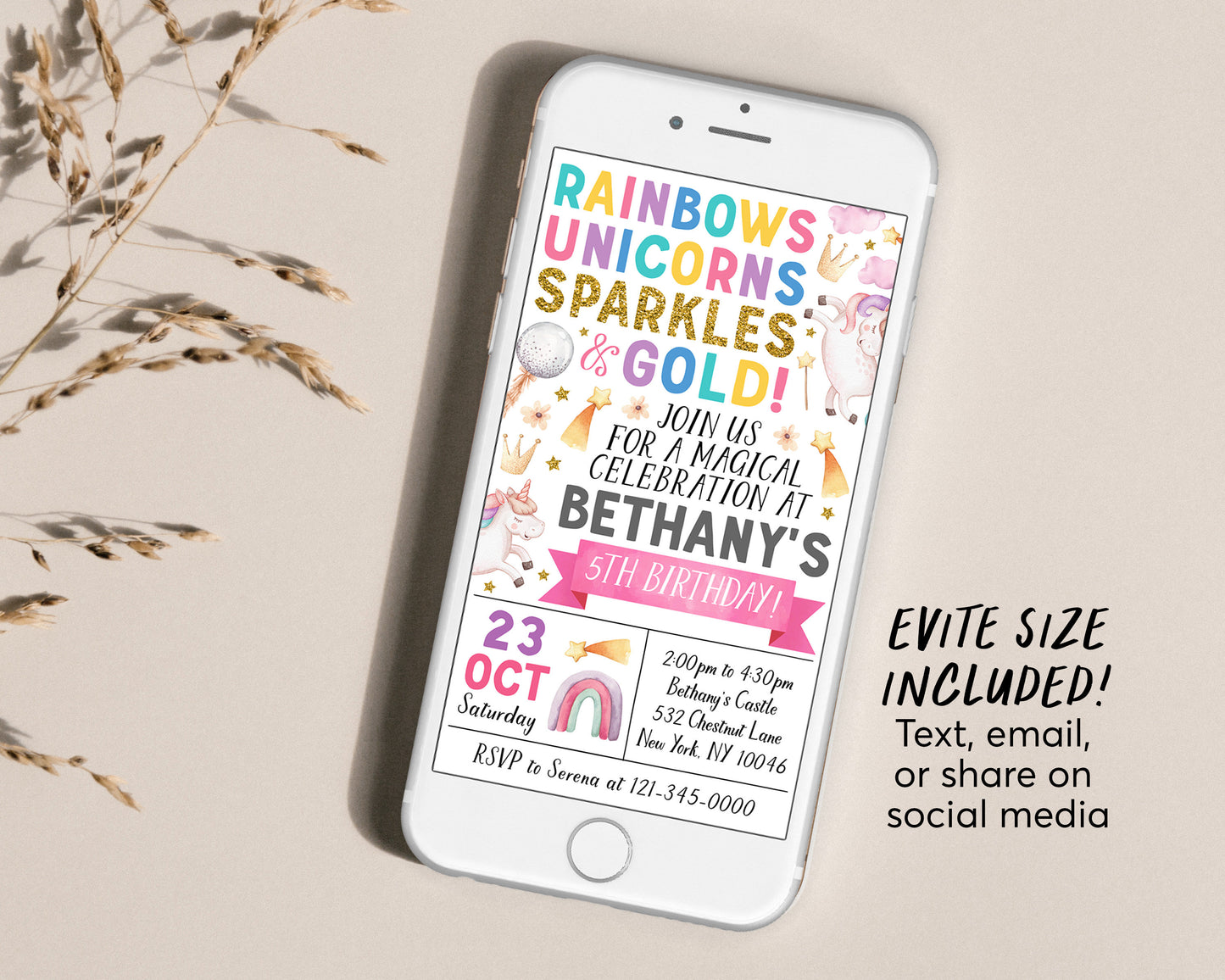 Unicorn Rainbow Birthday Invitation Editable Template, Girl Magical Celebration Party Invite, Pastel Unicorns Shooting Star Evite Printable