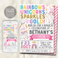 Unicorn Rainbow Birthday Invitation Editable Template