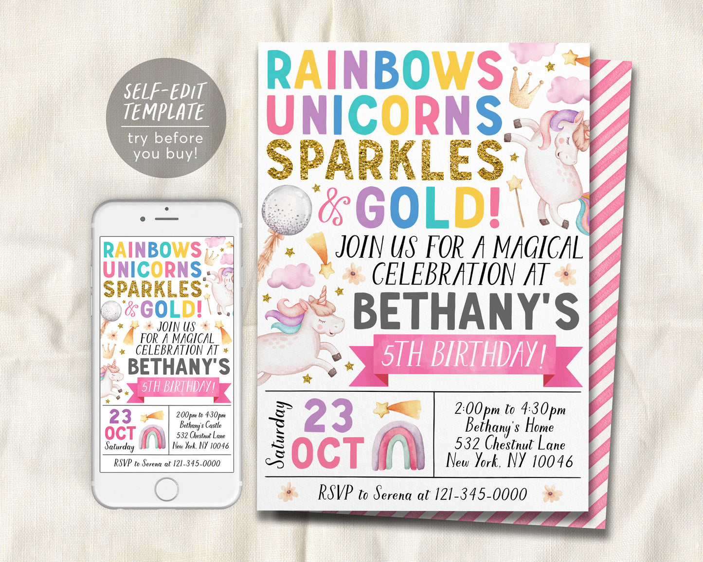 Unicorn Rainbow Birthday Invitation Editable Template