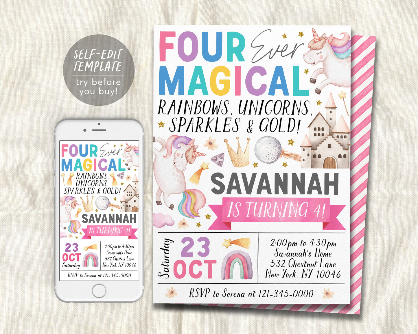 Unicorn 4th Birthday Invitation Editable Template