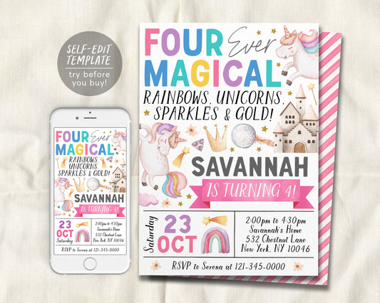 Unicorn 4th Birthday Invitation Editable Template