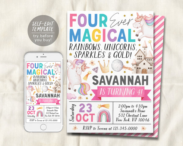 Unicorn 4th Birthday Invitation Editable Template, Girl Four Ever Magi ...