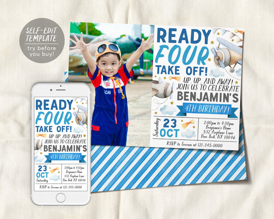 Airplane 4th Birthday Invitation With Photo Editable Template