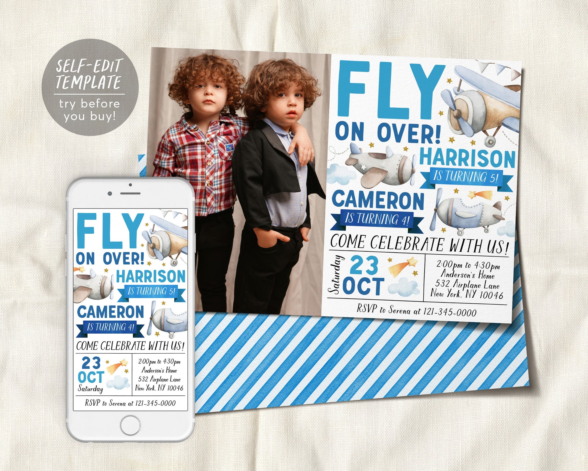 Airplane Joint Siblings Birthday Invitation With Photo Editable Template