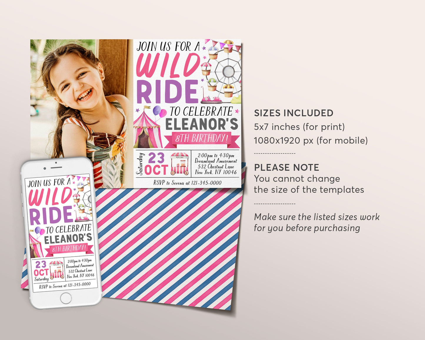 Amusement Park Birthday Invitation With Photo Editable Template, Girl Theme Park Party Invite, Carnival Wild Ride Ferris Evite Printable