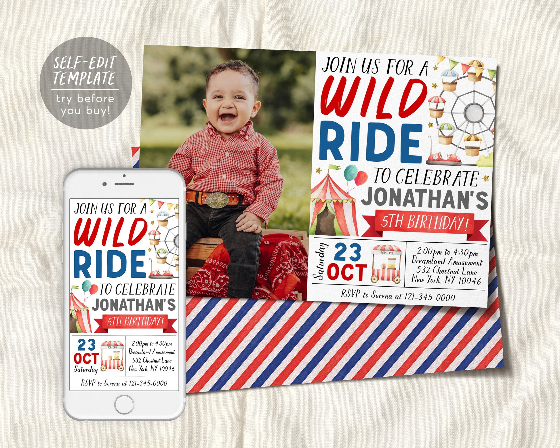 Amusement Park Birthday Invitation With Photo Editable Template