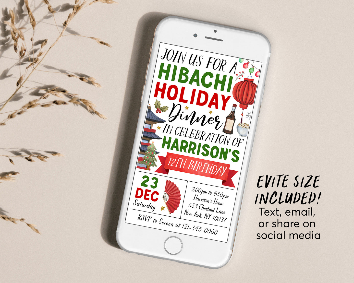 Christmas Hibachi Dinner Party Invitation Editable Template, Hibachi Japanese Restaurant Birthday Party Invite, Japan BBQ Holiday Dinner