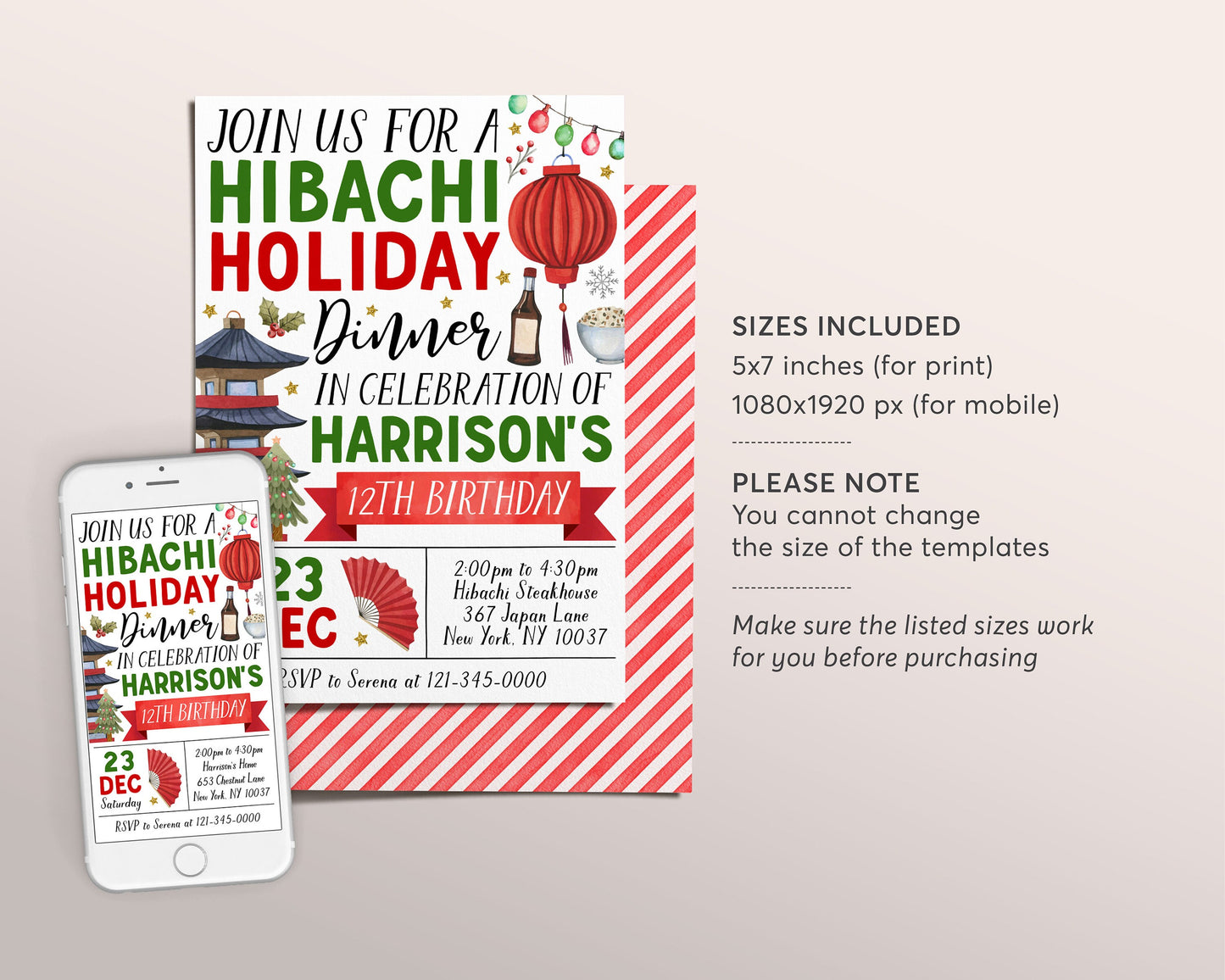 Christmas Hibachi Dinner Party Invitation Editable Template, Hibachi Japanese Restaurant Birthday Party Invite, Japan BBQ Holiday Dinner