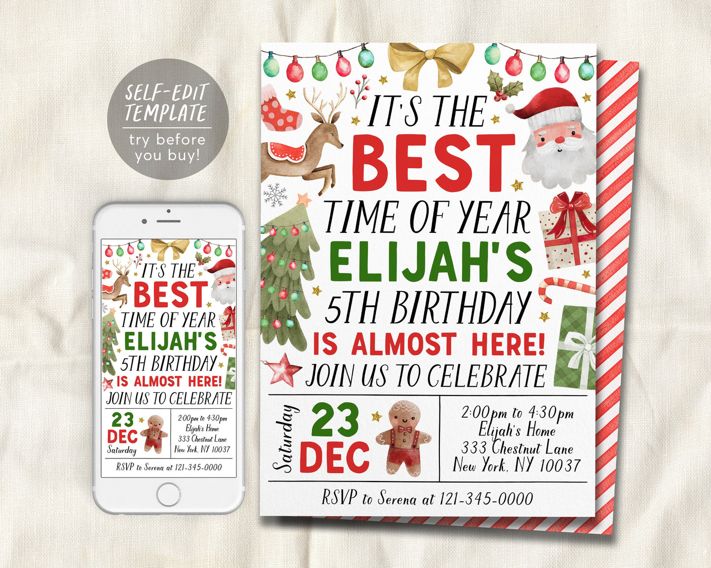 Christmas Birthday Invitation Editable Template